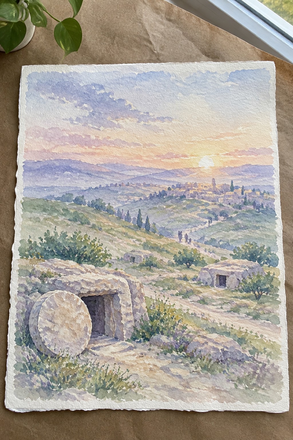 Watercolor landscape of ancient stone tombs at sunrise over rolling hills with distant town.
