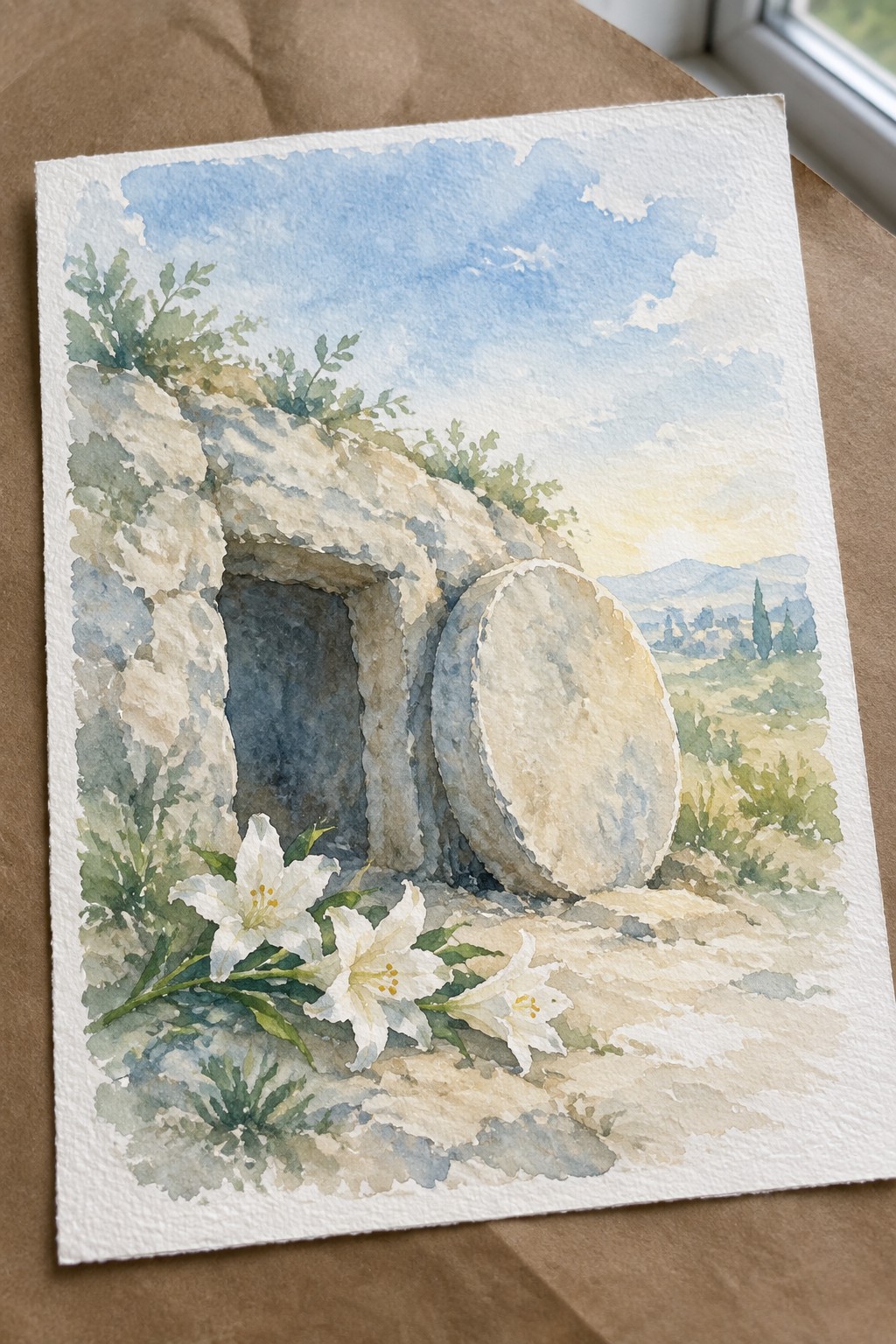 Watercolor of empty stone tomb with rolled stone, white lilies, and hilly landscape