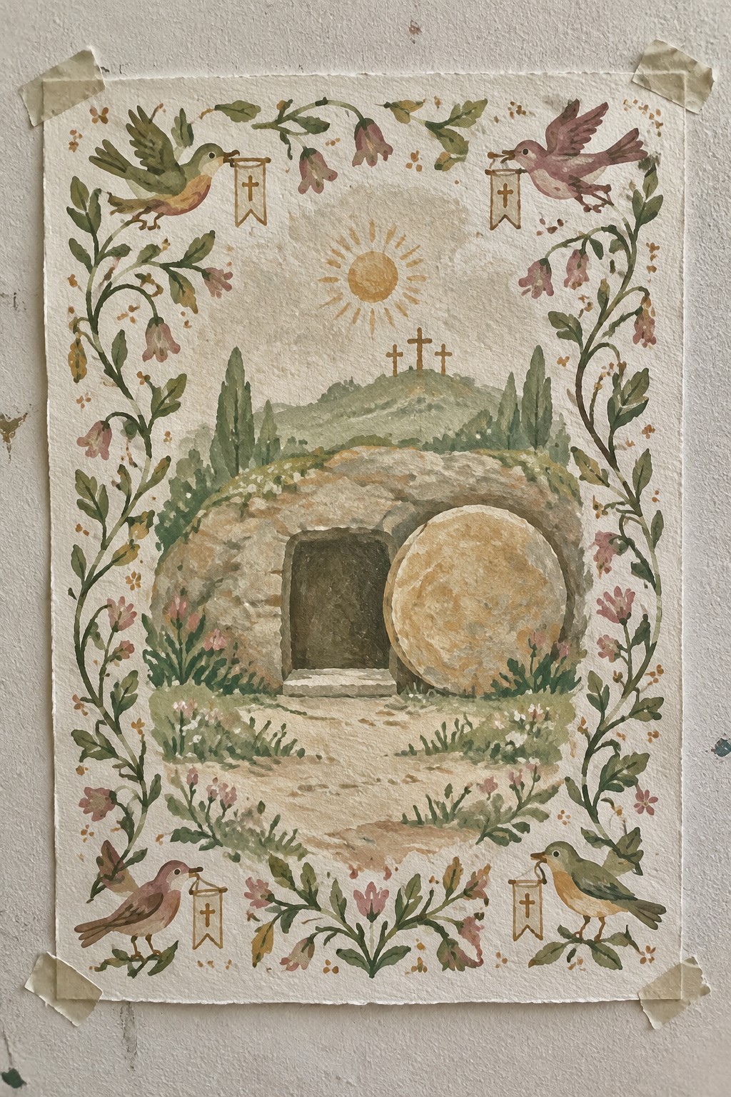 Watercolor painting of an empty stone tomb with a large round stone rolled aside, three crosses on a hill, a sun overhead, and a border of vines with pink flowers and birds holding cross banners.