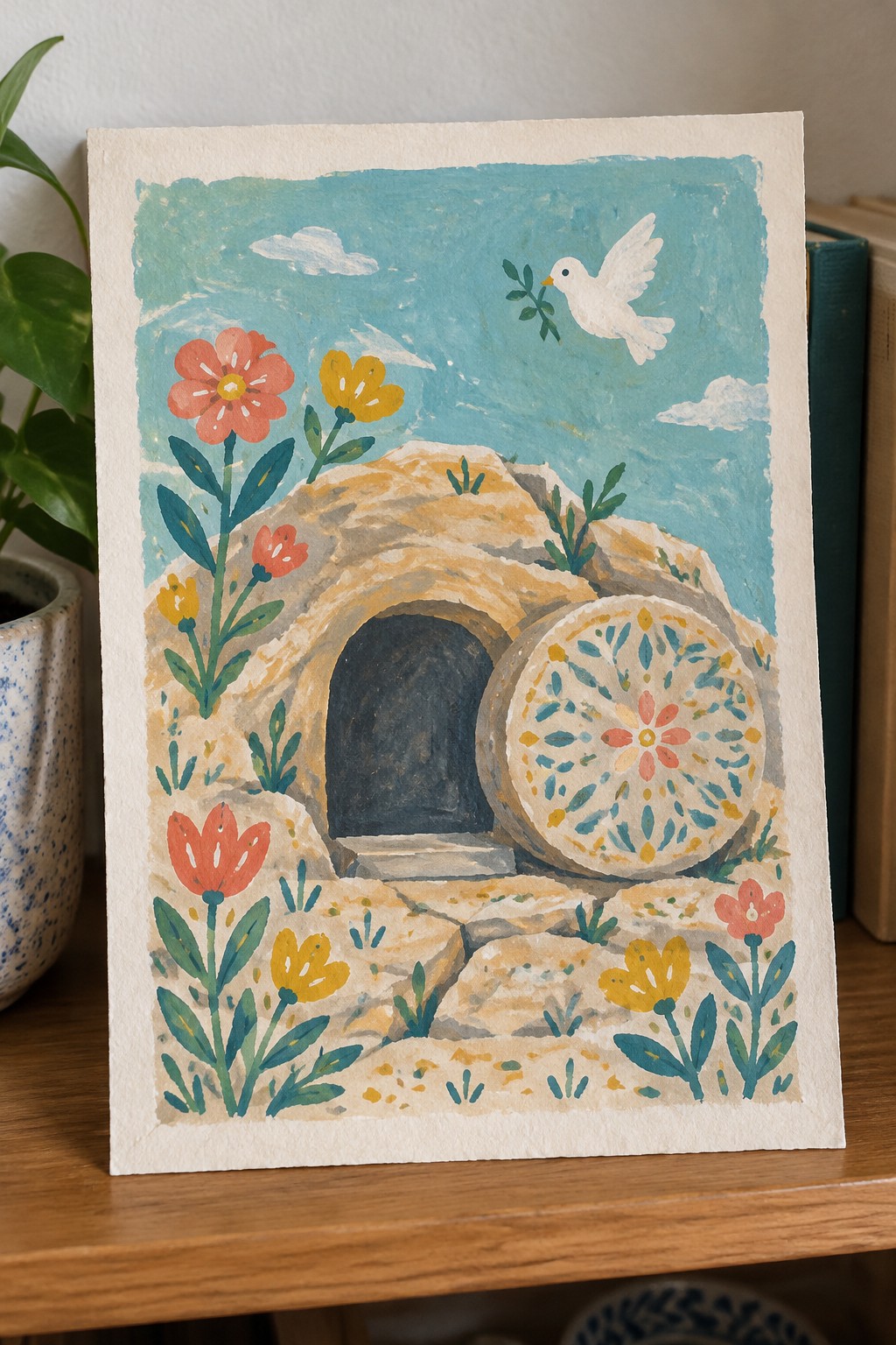 Watercolor of empty rocky tomb, ornate stone wheel, red and yellow flowers, white dove in blue sky.