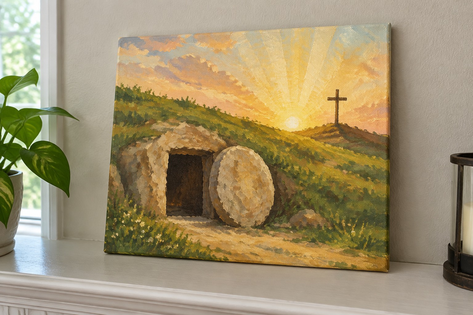 An oil painting of an empty tomb with a round stone rolled to the side, set on a hillside at sunrise with a cross on a distant hill.