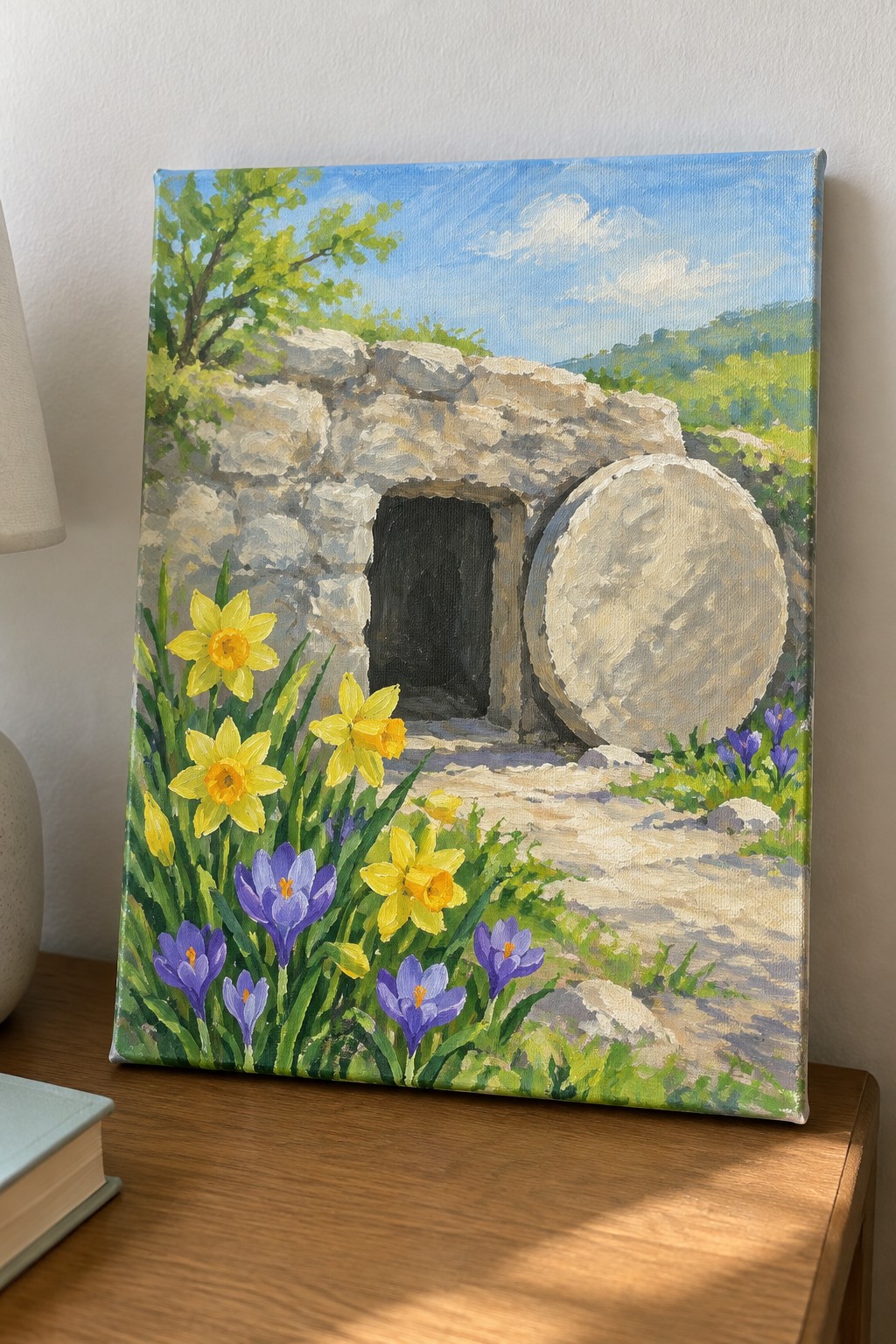 Oil painting of empty stone tomb with rolled boulder, yellow daffodils and purple crocuses.