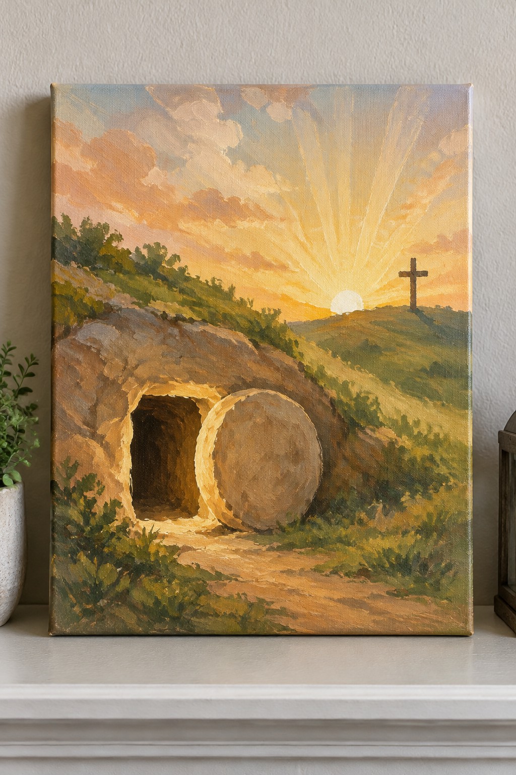 An oil painting of an empty tomb with a round stone rolled to the side, set on a hillside at sunrise with a cross on a distant hill.