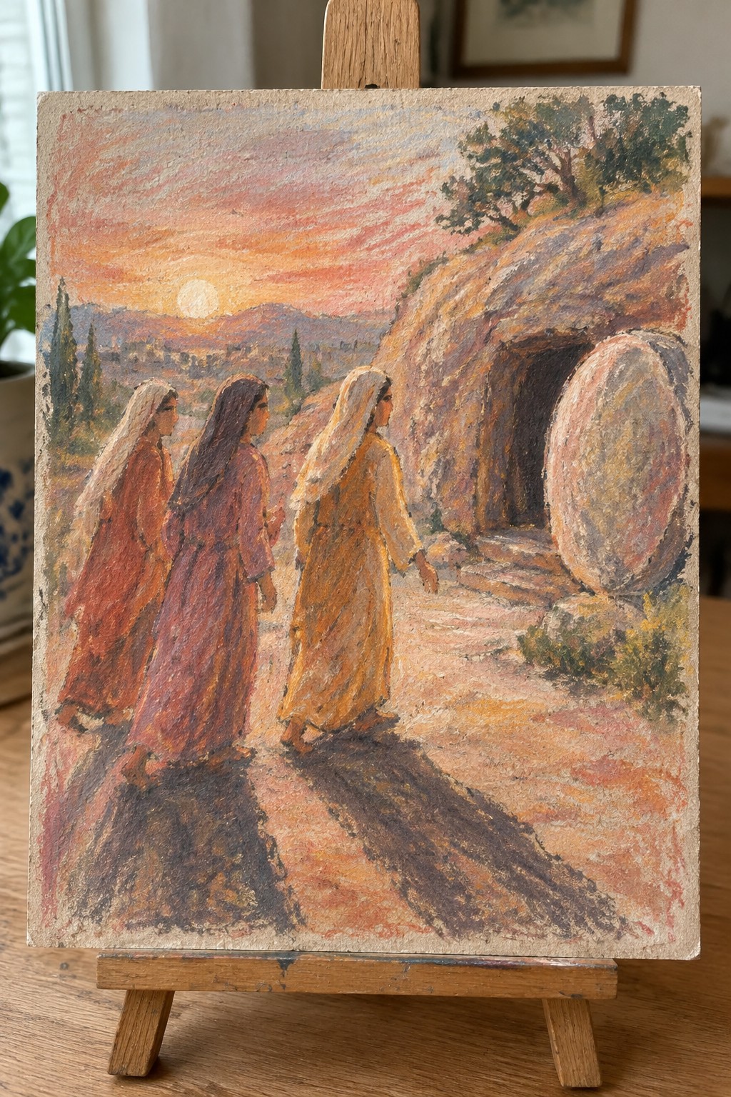Pastel painting of three veiled women approaching an open hillside tomb at sunset
