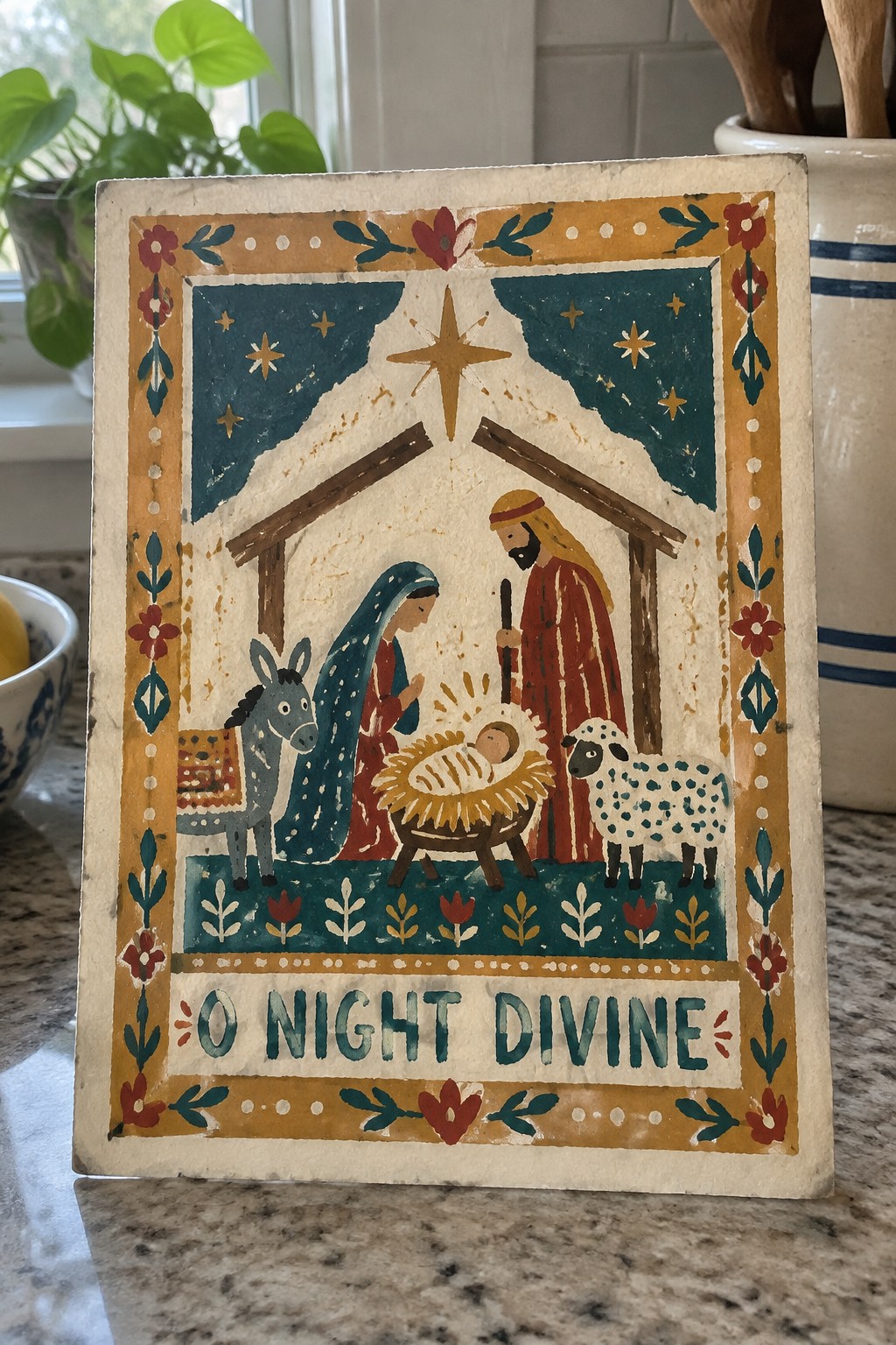 Folk art nativity tile with Mary in blue, Joseph in red, animals, star and 