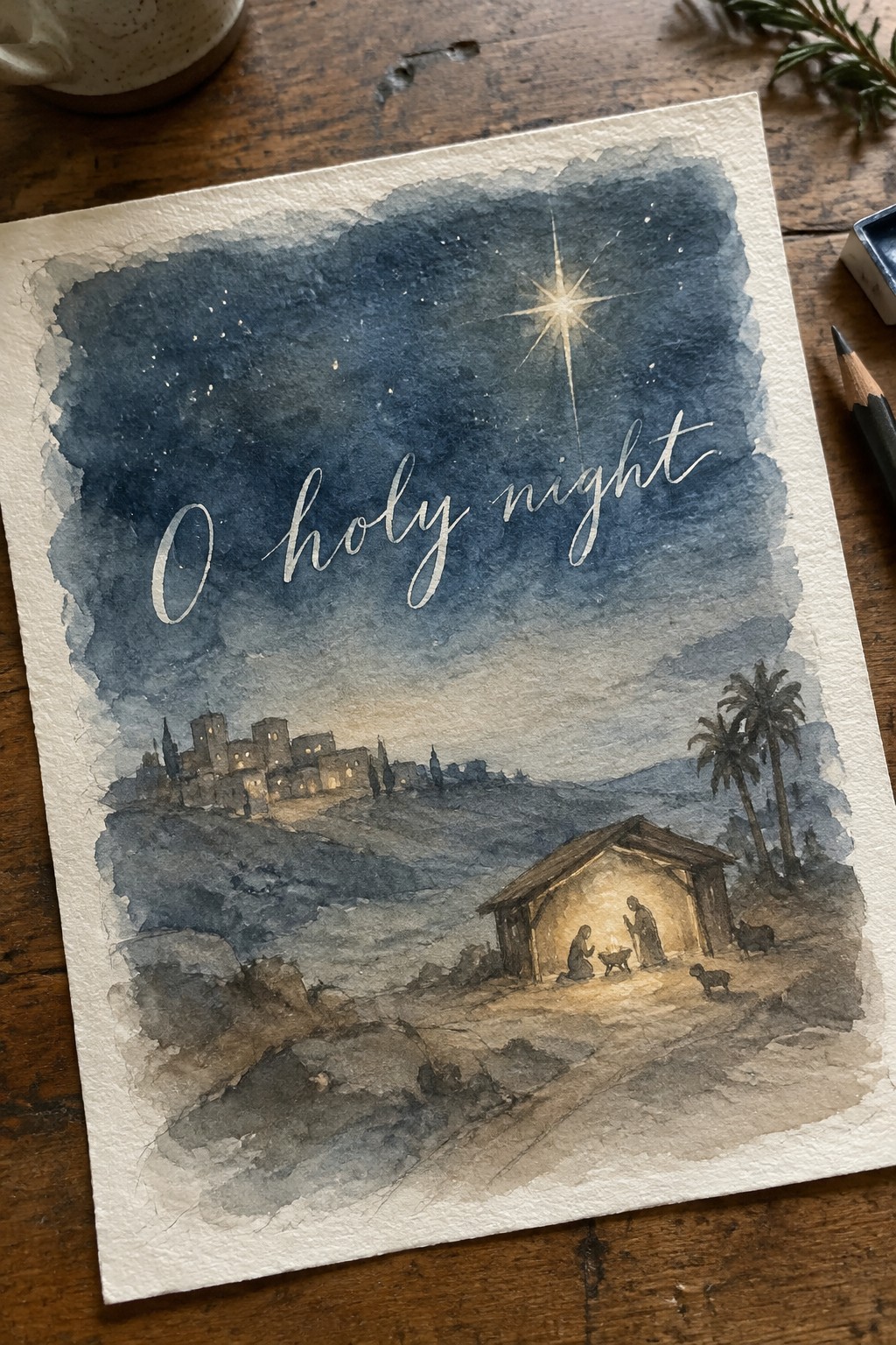 Watercolor nativity scene with starry sky, bright star, illuminated stable, and 