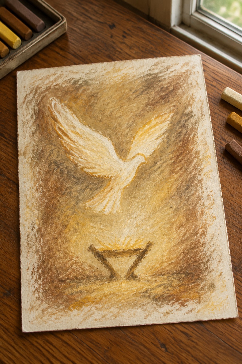 Pastel drawing of glowing white dove with wings spread above triangular symbol on paper