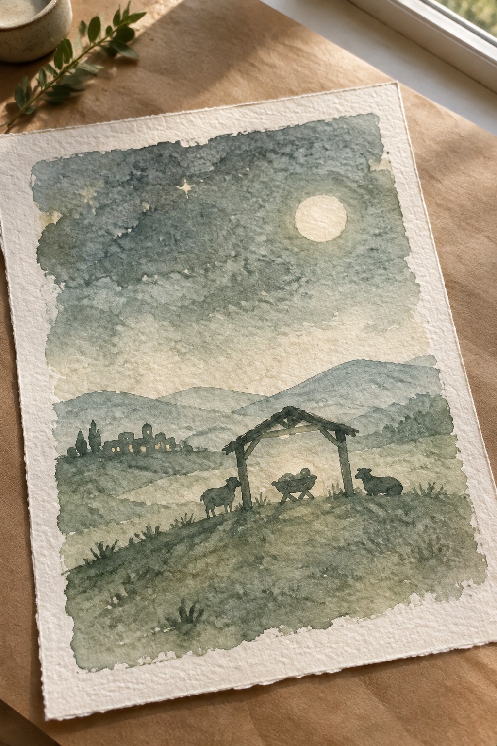 Watercolor nativity with manger, two sheep, full moon, star, and misty green hills