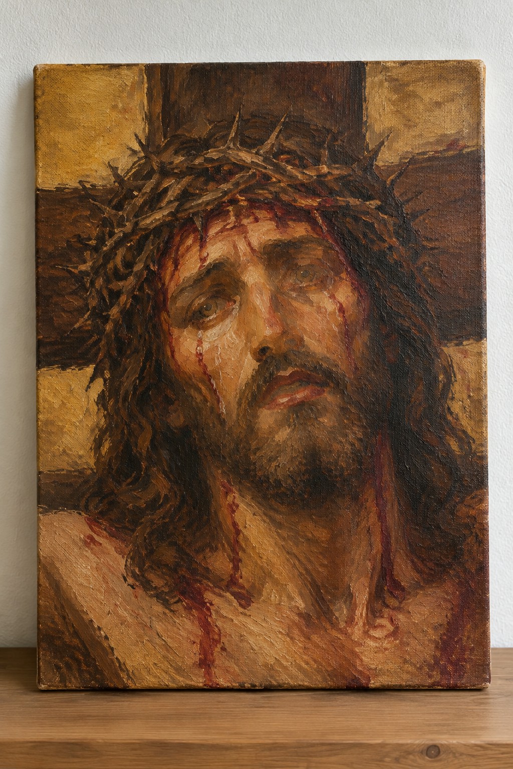 Close-up oil painting of Jesus with crown of thorns, blood streaking his face on cross.