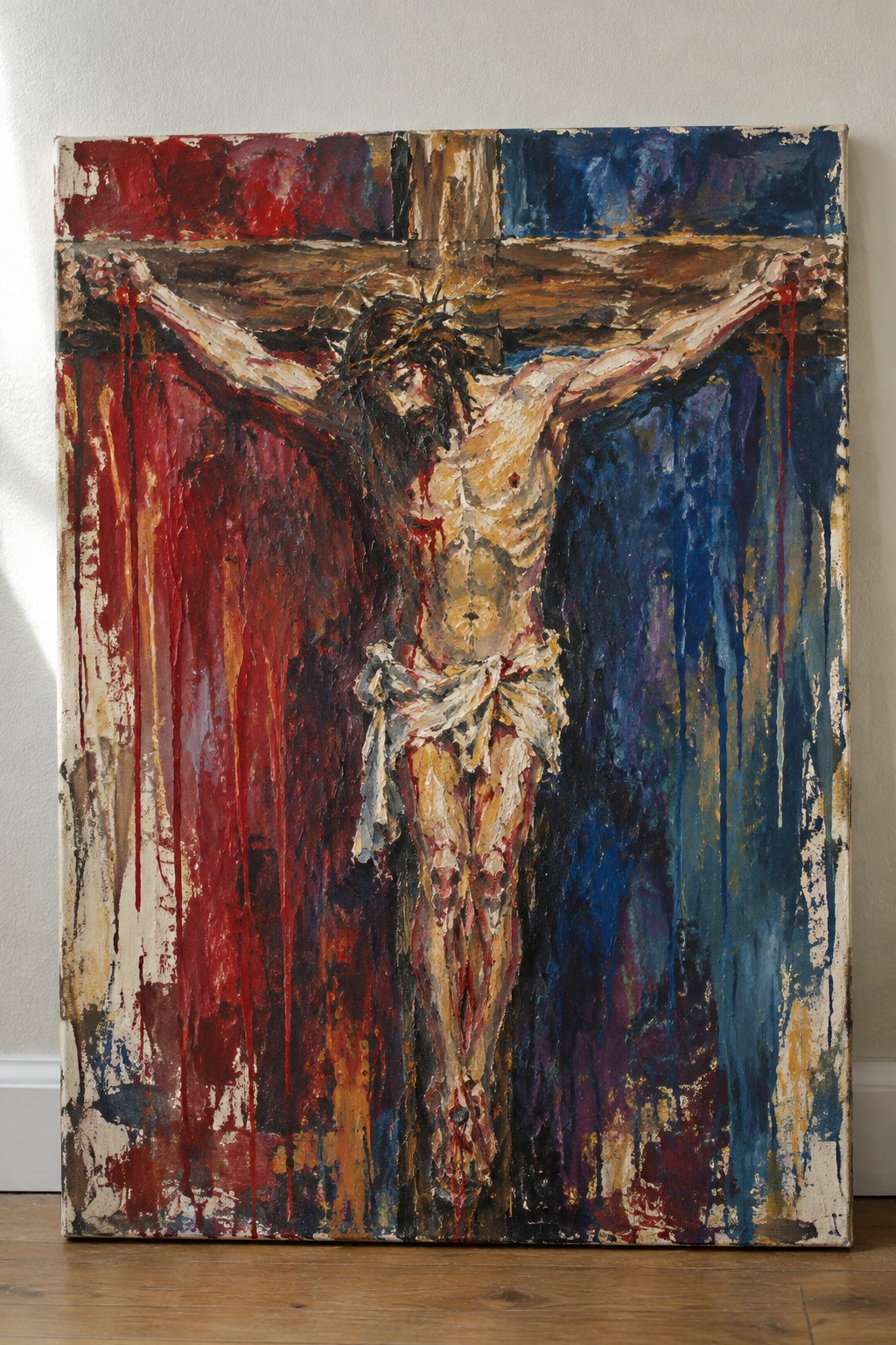 Abstract expressionist painting of Jesus crucified, blood dripping amid red and blue strokes.