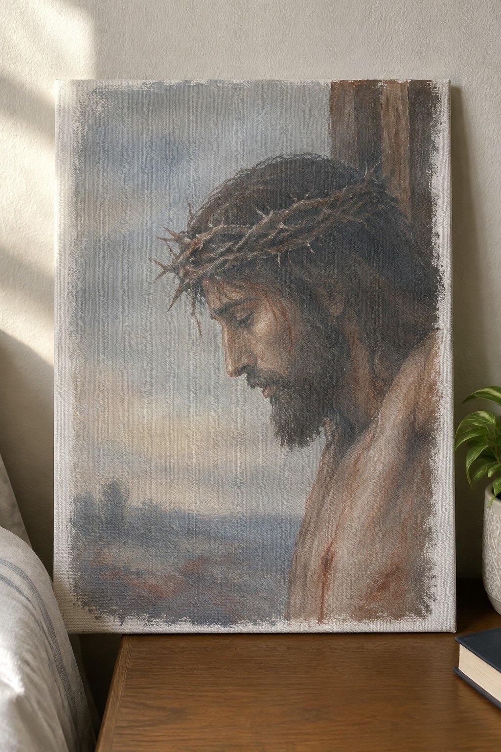 Painting of Jesus with crown of thorns on canvas beside book and plant