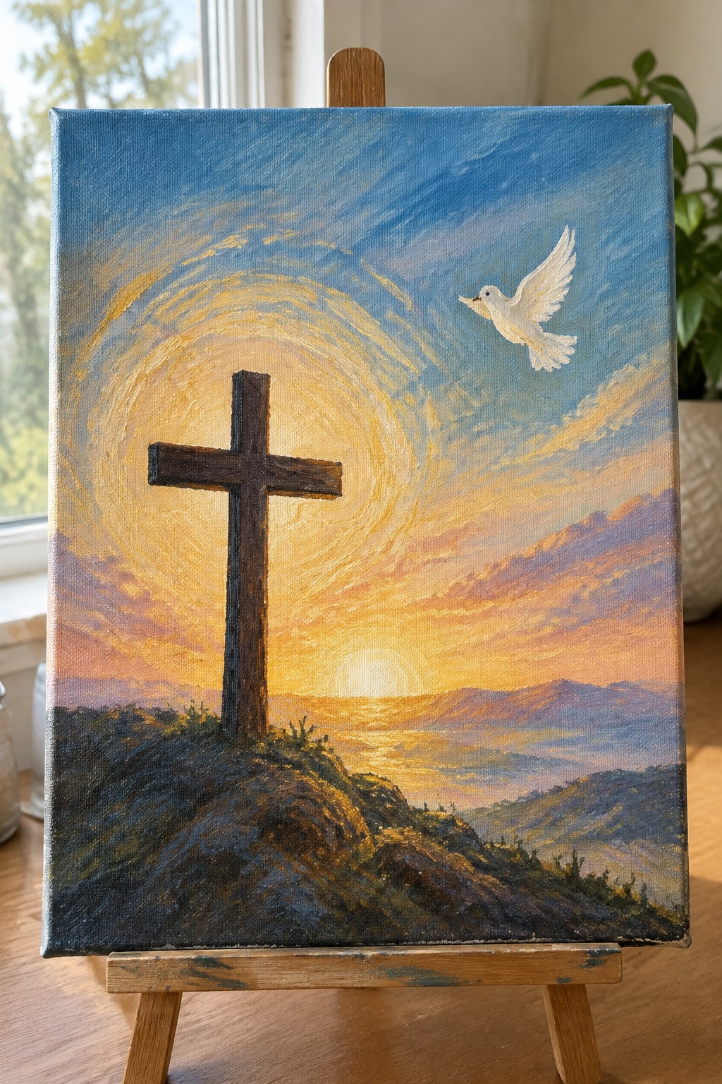 Painting of wooden cross on hill with white dove flying in sunset sky