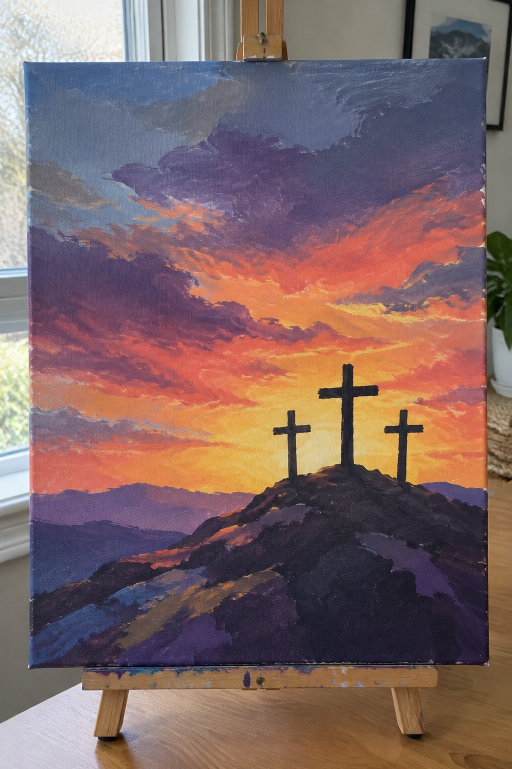Three crosses silhouetted on a hill under vibrant orange and purple sunset clouds