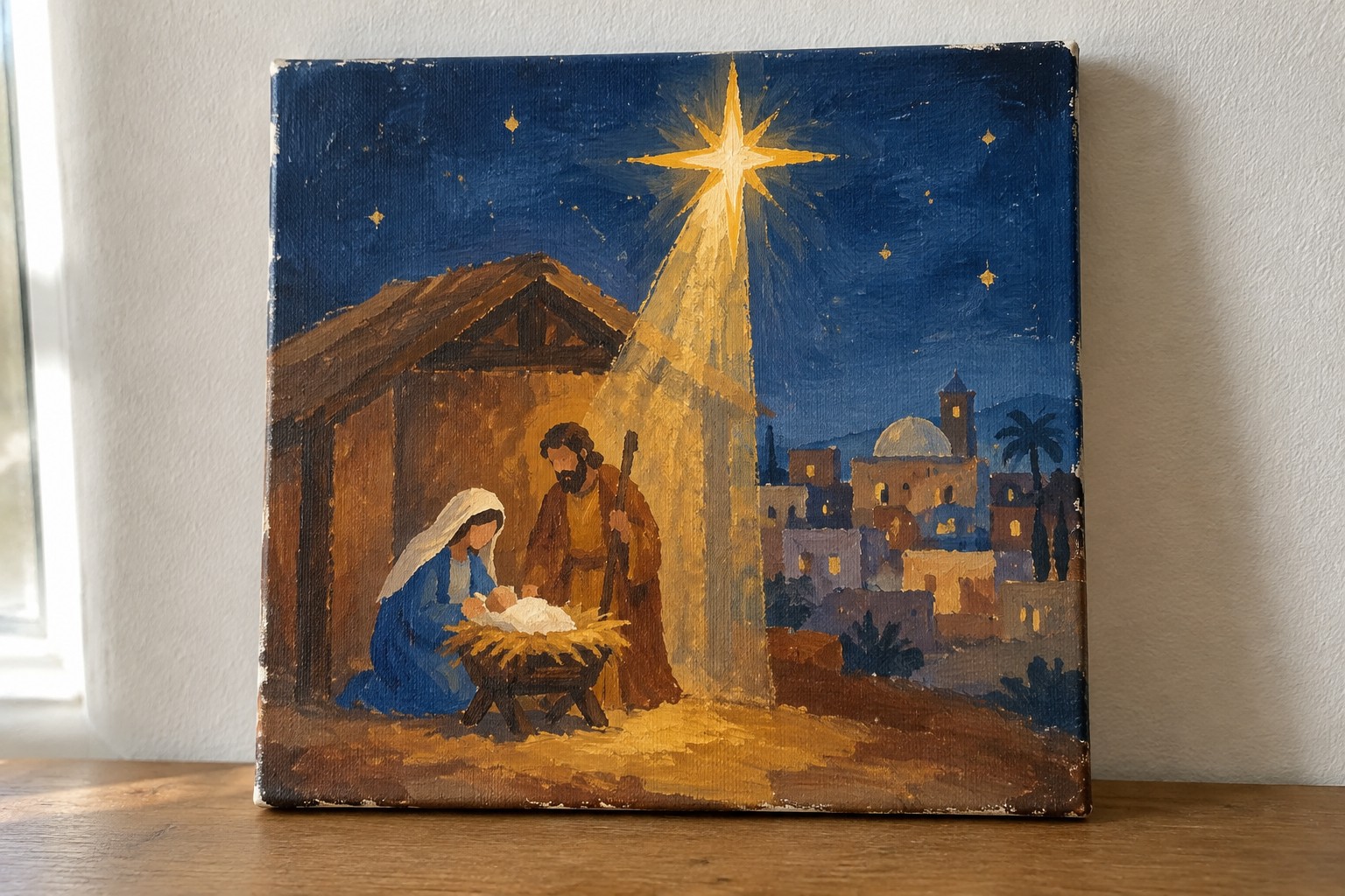 A painting of the Nativity at night showing Mary kneeling by the manger, Joseph standing with a staff, a bright star shining light over them, and a town on a hill in the background.