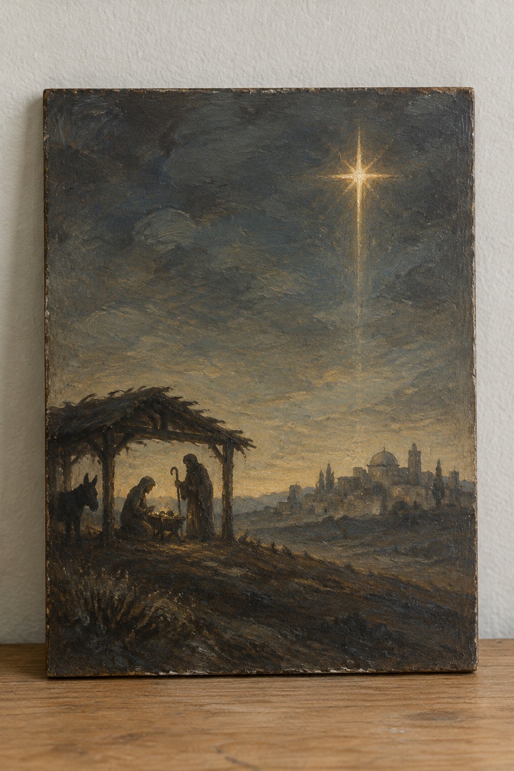 Nativity scene with Mary, Joseph, manger and donkey beneath radiant star over Bethlehem.