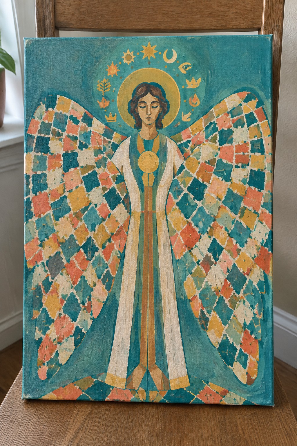 Angel with large colorful patchwork wings, golden halo, and celestial symbols on teal background