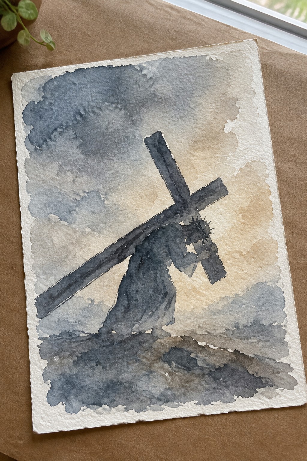 Watercolor of robed figure carrying wooden cross with crown of thorns under cloudy sky