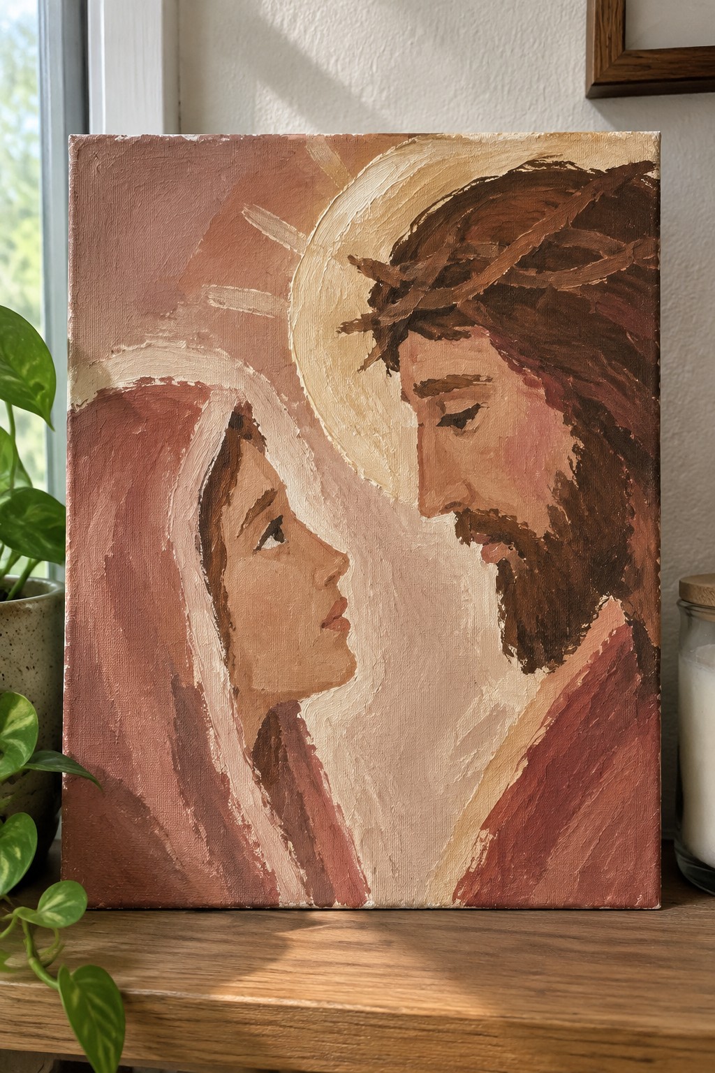 A painting shows Jesus with a crown of thorns facing a woman in a headscarf, both in profile against a warm reddish-brown background.