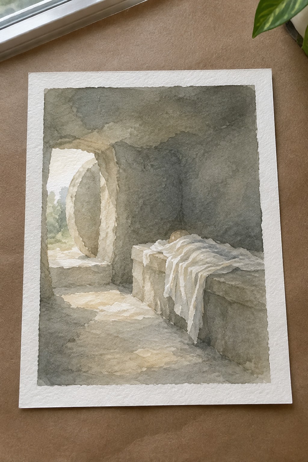 Watercolor of stone chamber with arched doorway and white drapery on ledge