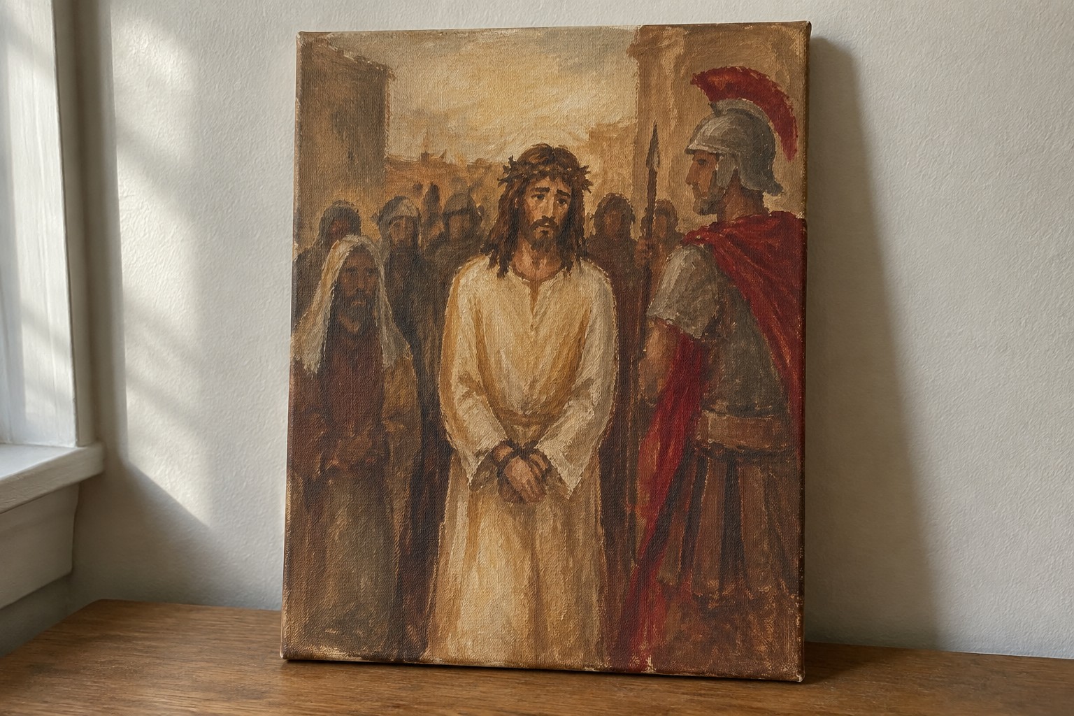 Jesus with crown of thorns and bound hands faces Roman soldier in red-plumed helmet