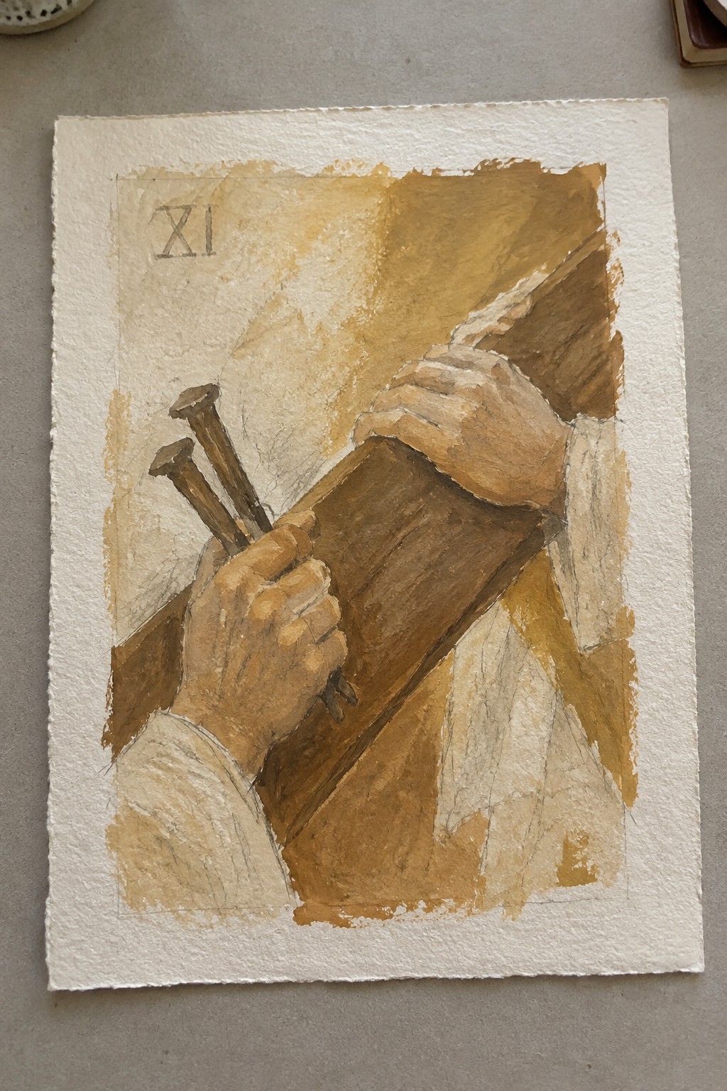 Watercolor of robed hands gripping wooden beam with three nails, XI above.