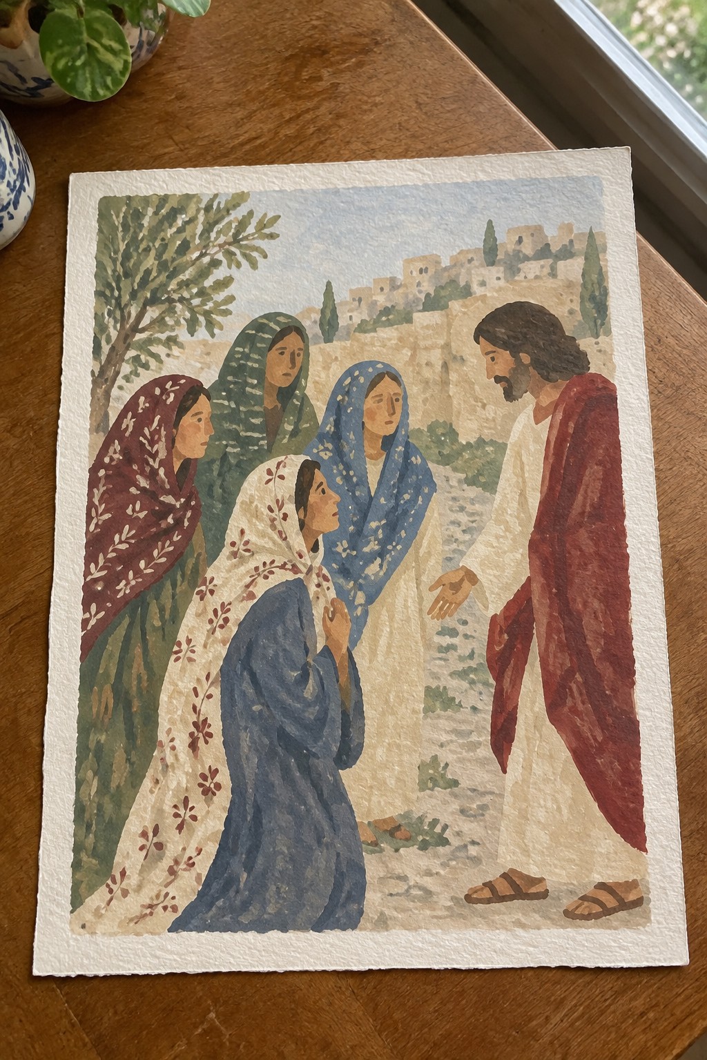 Watercolor of Jesus extending hand to four women in patterned robes on a hillside path