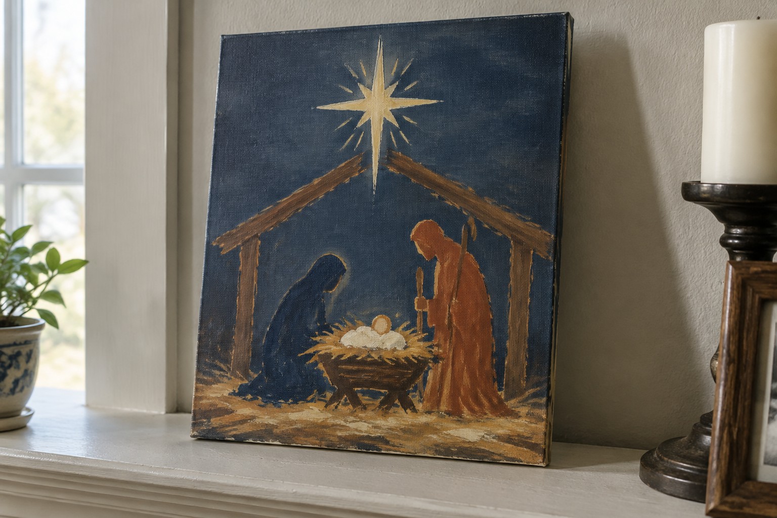 Nativity painting: blue-robed Mary, red-robed Joseph with staff, infant in manger under golden star.