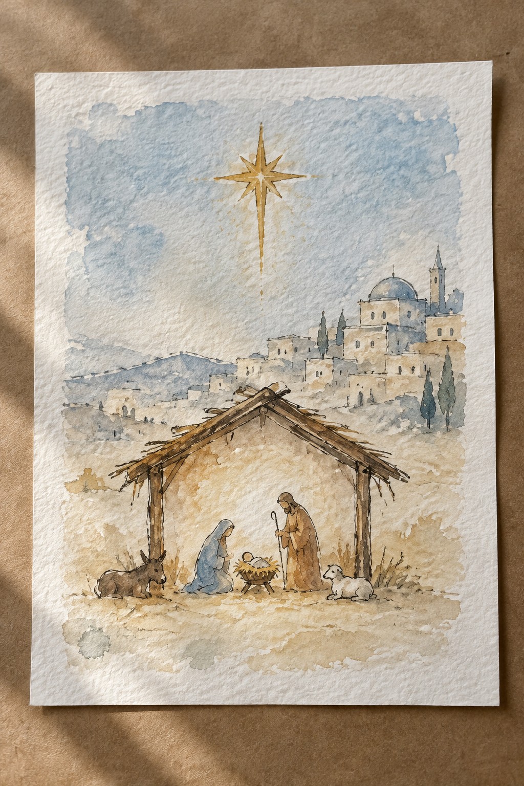 Watercolor nativity with Mary in blue, Joseph, manger, donkey, lamb under golden star over town.