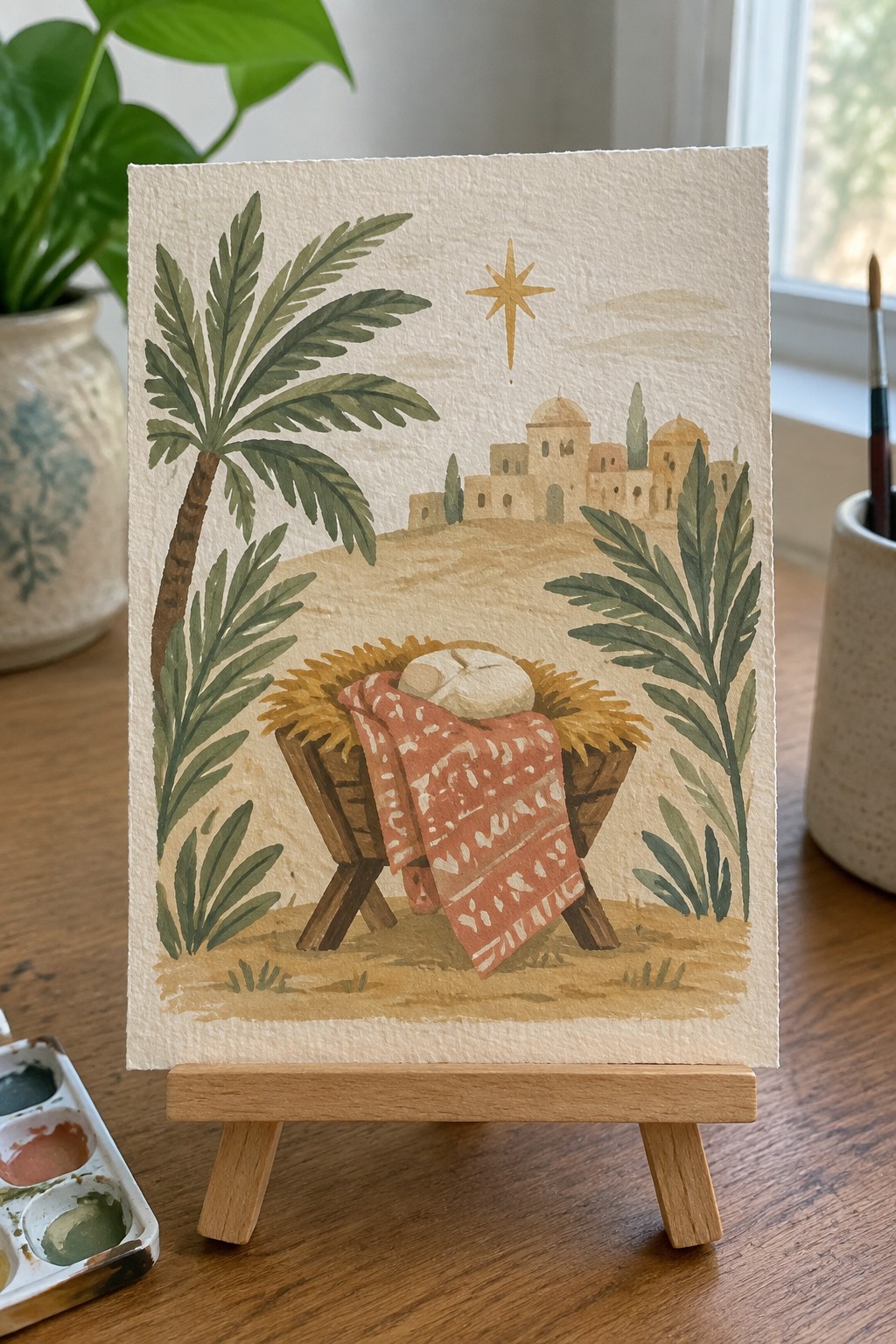Watercolor nativity with manger, swaddled infant, red patterned blanket, palms, and star