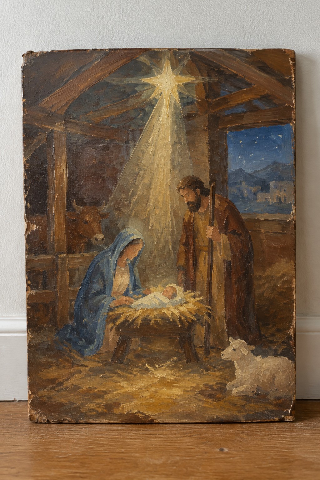 Painting of Mary in blue veil, Joseph with staff, baby in manger under radiant star.