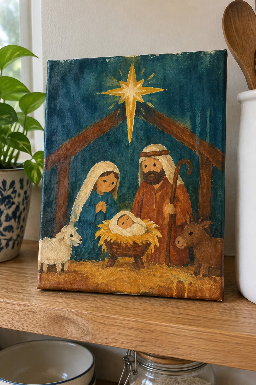 Nativity painting on canvas shows Mary in blue, Joseph with staff, manger under golden star with sheep and donkey.