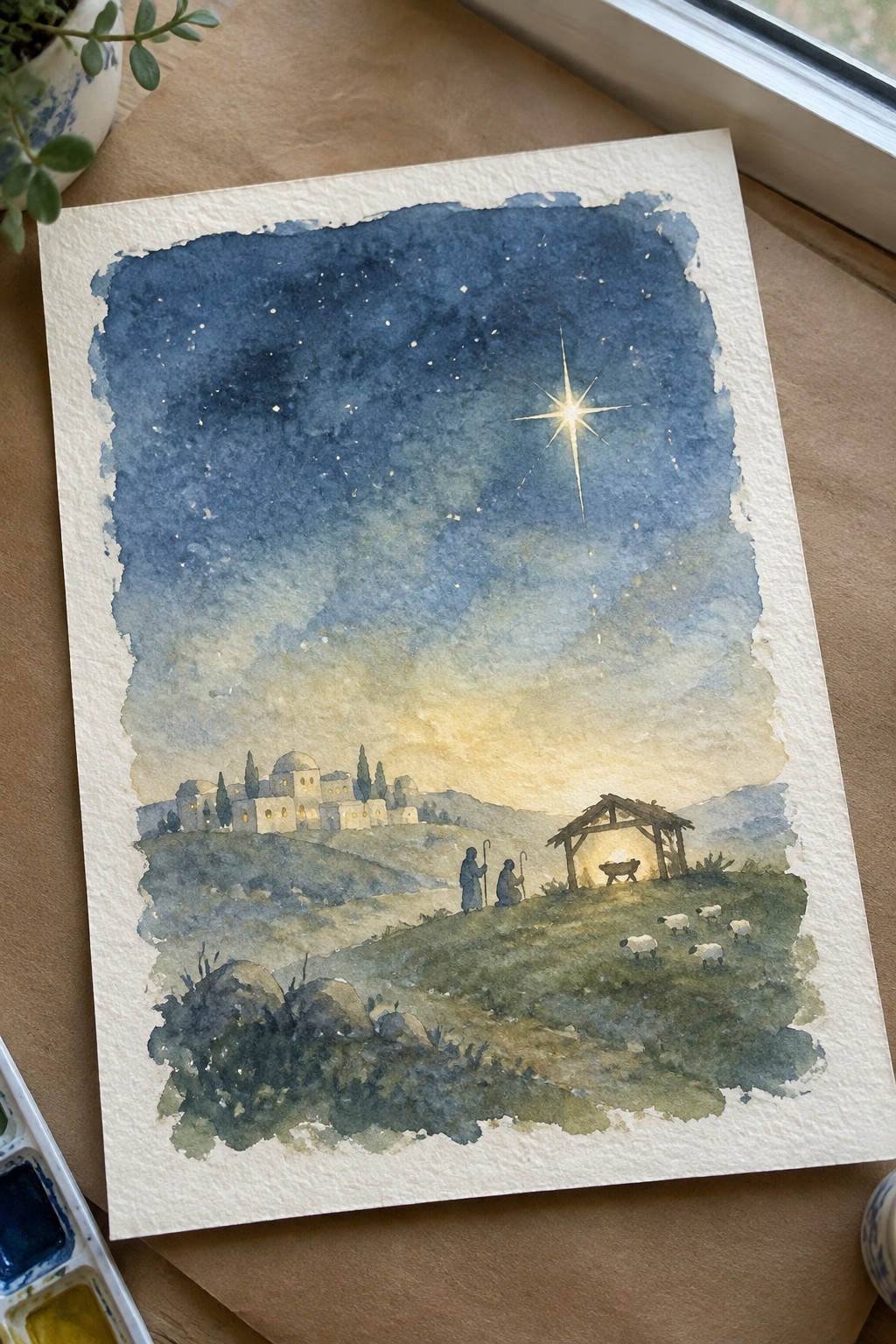 Watercolor of shepherds with sheep approaching manger stable under bright star in night sky