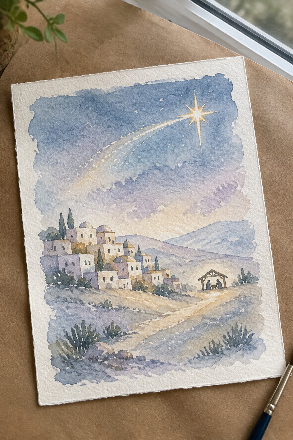 Watercolor of hillside village under comet and star with nativity stable at dusk