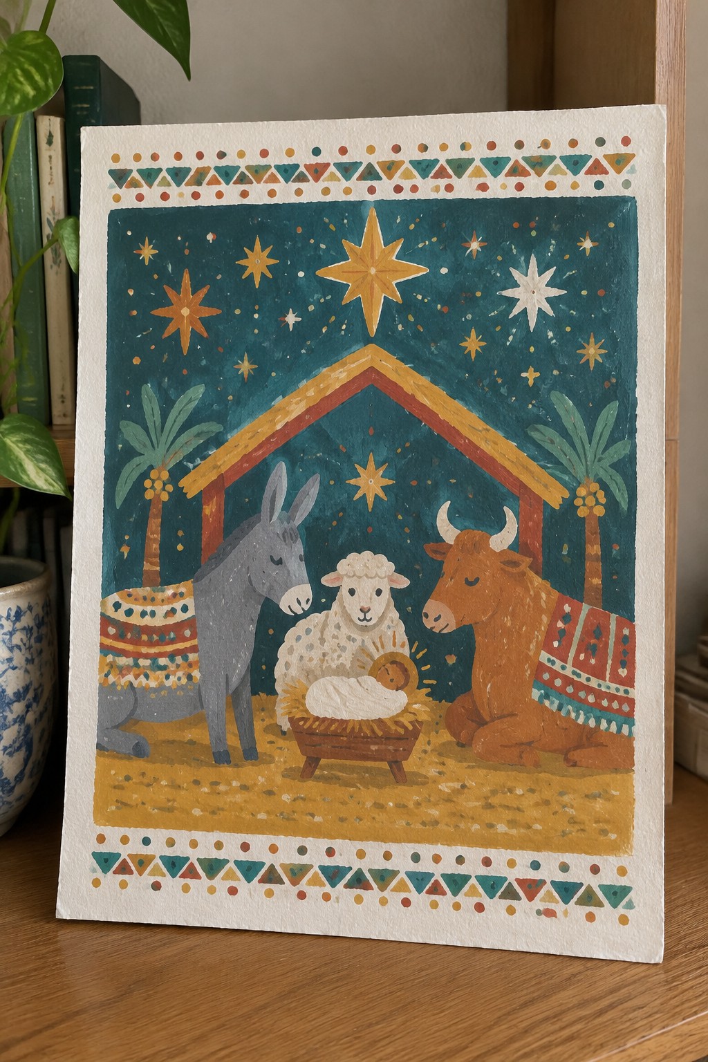 Watercolor nativity scene with donkey, sheep, and cow around baby in manger under starry sky