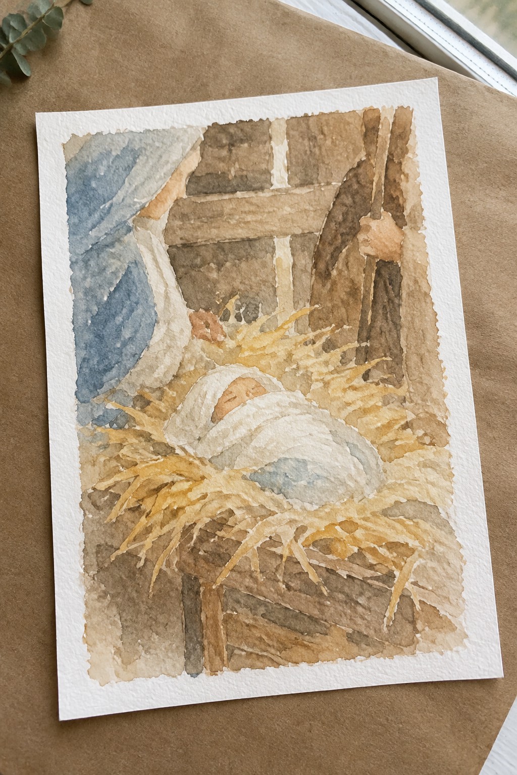 Watercolor nativity with swaddled infant in straw manger, wooden stable, blue drapery, staff.