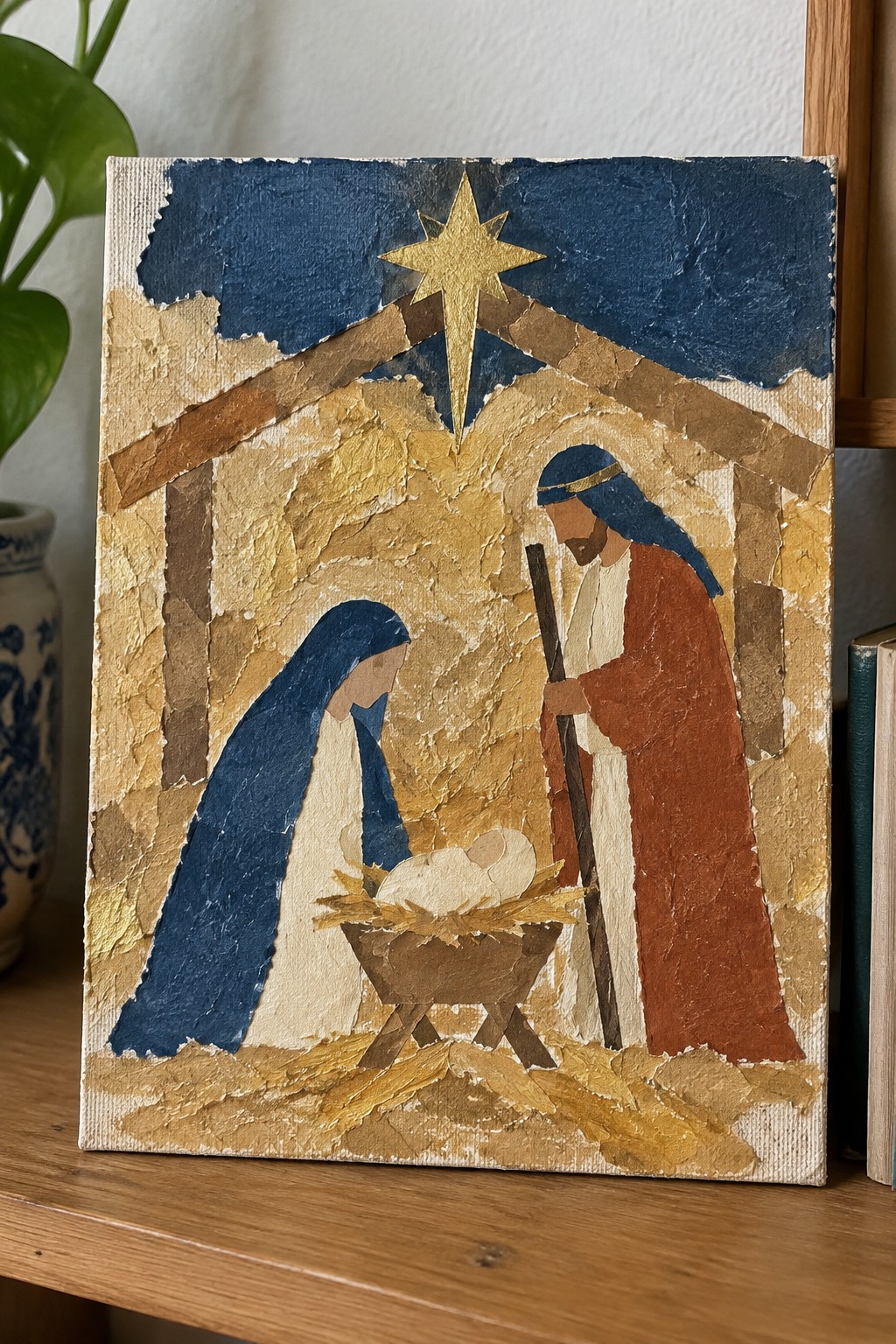 Collage nativity scene with Mary, Joseph, manger, and golden star above stable.