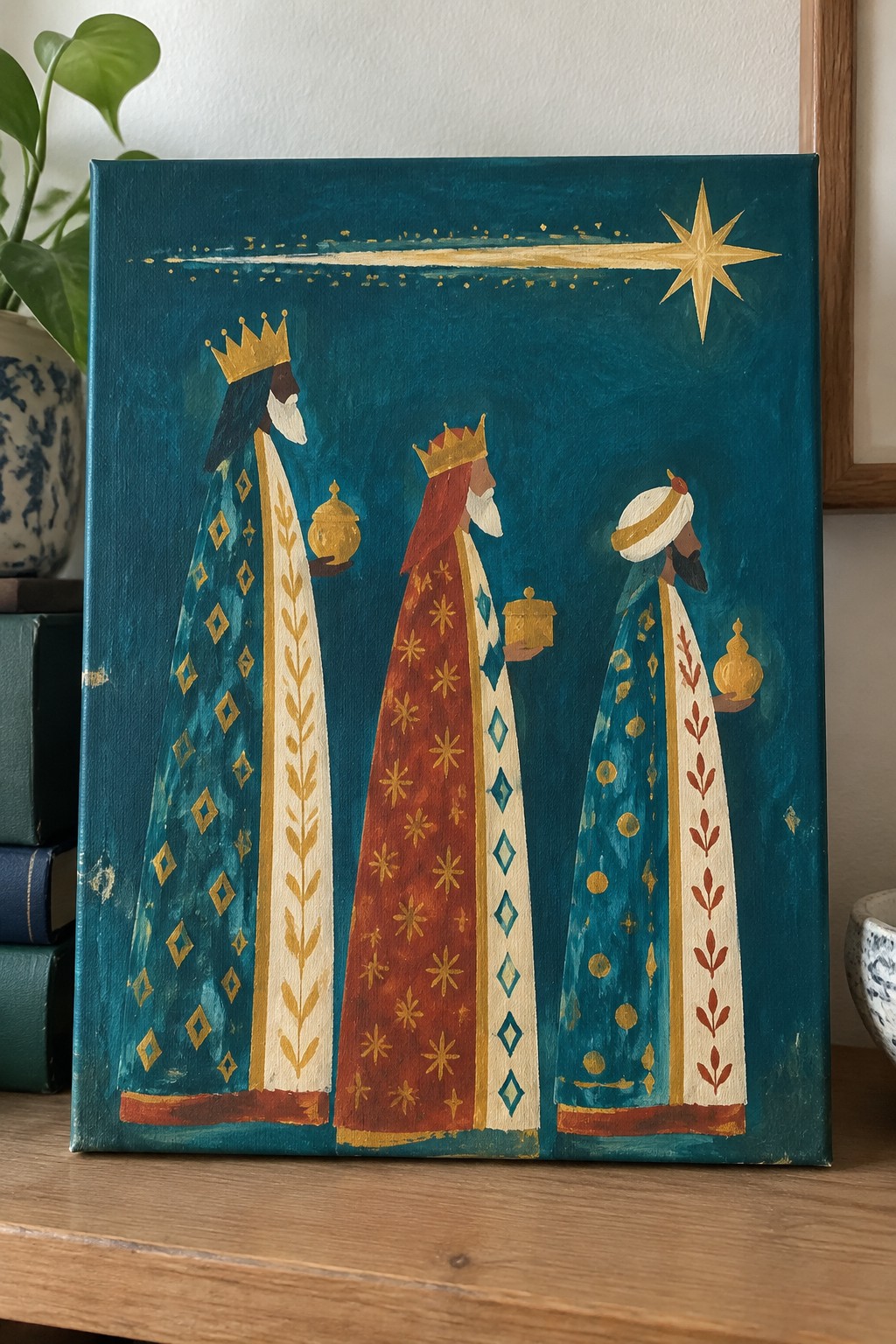 Three crowned kings in patterned robes hold golden gifts beneath a large star.