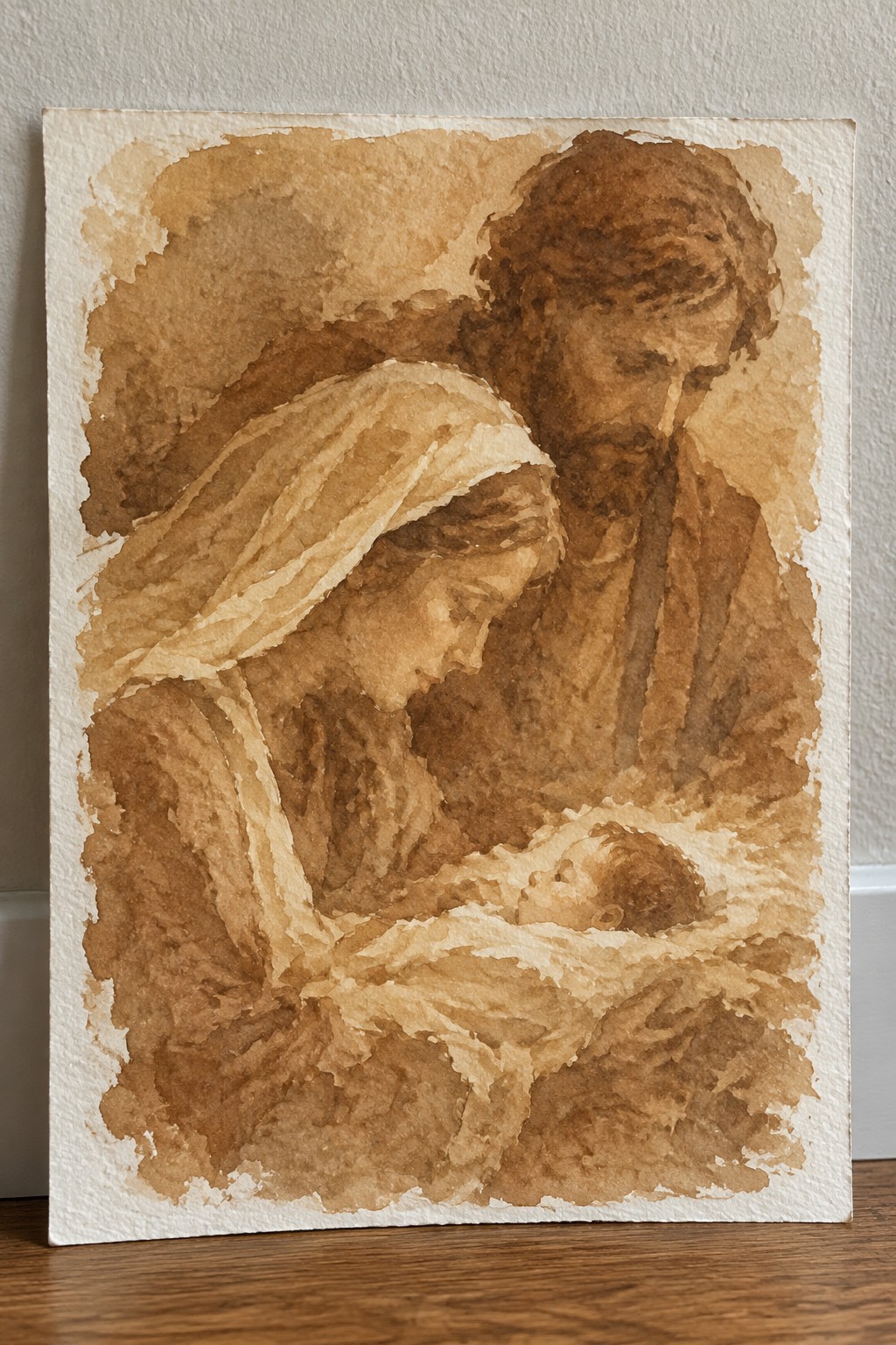 Sepia watercolor of veiled Mary, bearded Joseph, and swaddled infant in manger.
