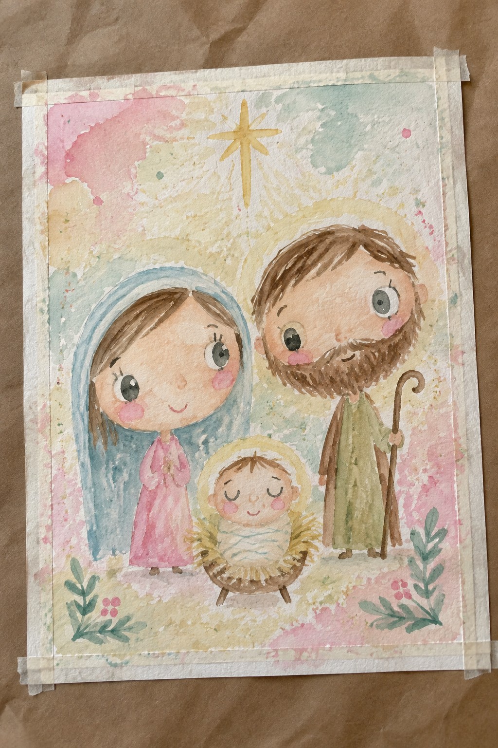 Watercolor painting of Mary in a blue veil and pink dress, Joseph with a beard and staff, and baby Jesus in a manger, with a yellow star above on a pastel background.