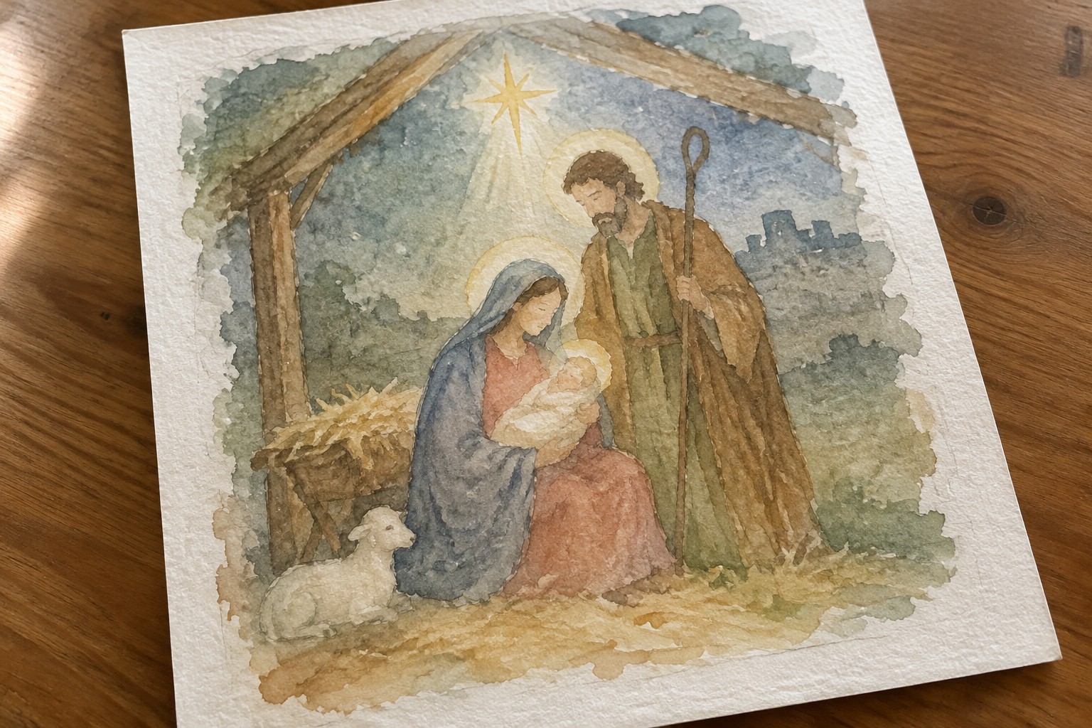 Watercolor nativity: Mary in blue veil, Joseph with staff, haloed baby in manger under golden star