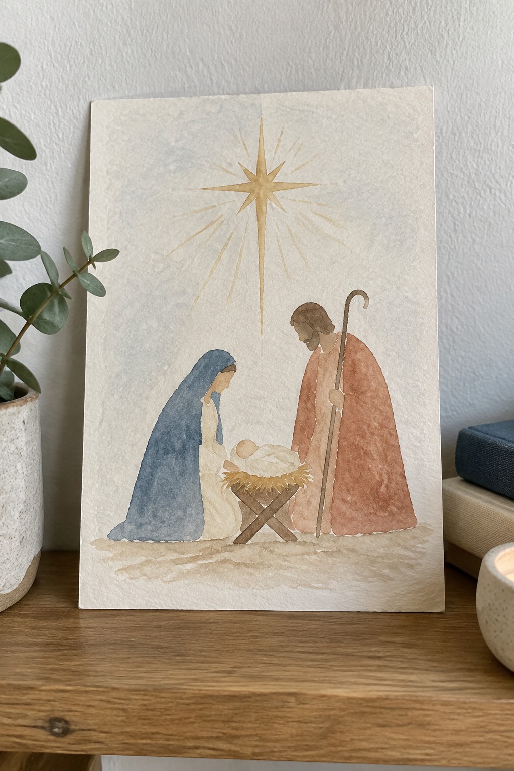 Watercolor nativity with Mary in blue veil, robed Joseph, manger, and radiant star.