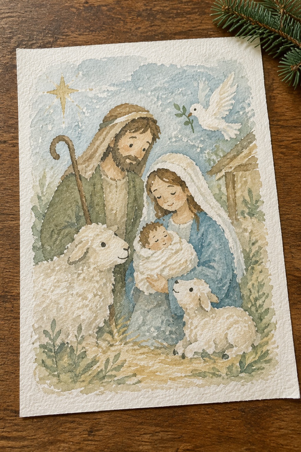 Watercolor nativity with robed Joseph holding staff, veiled Mary cradling baby, two lambs, dove and star.