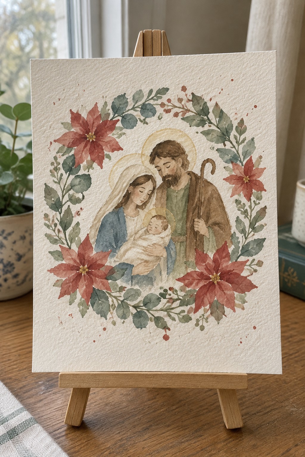 Watercolor of Mary in blue veil, Joseph with staff, and baby Jesus inside red poinsettia wreath