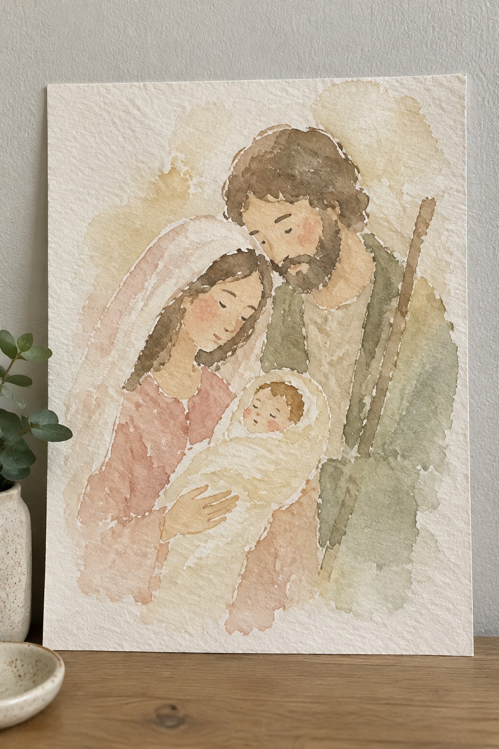 Watercolor of Joseph with staff beside veiled Mary cradling swaddled infant in pastels
