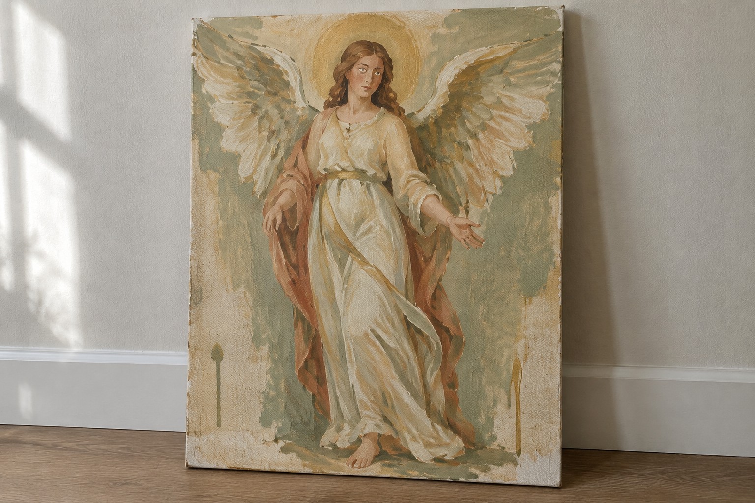 Winged angel in flowing white robes with golden halo, one arm extended on worn canvas.