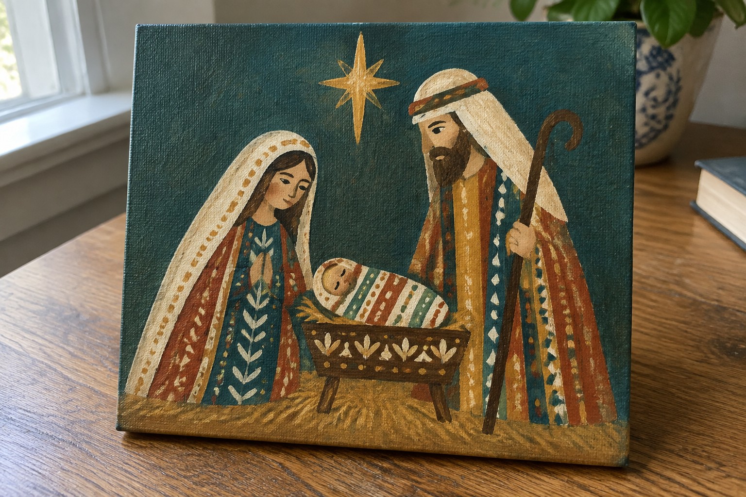 A folk art painting of Mary, Joseph, and baby Jesus in a manger under a large star on a teal background.