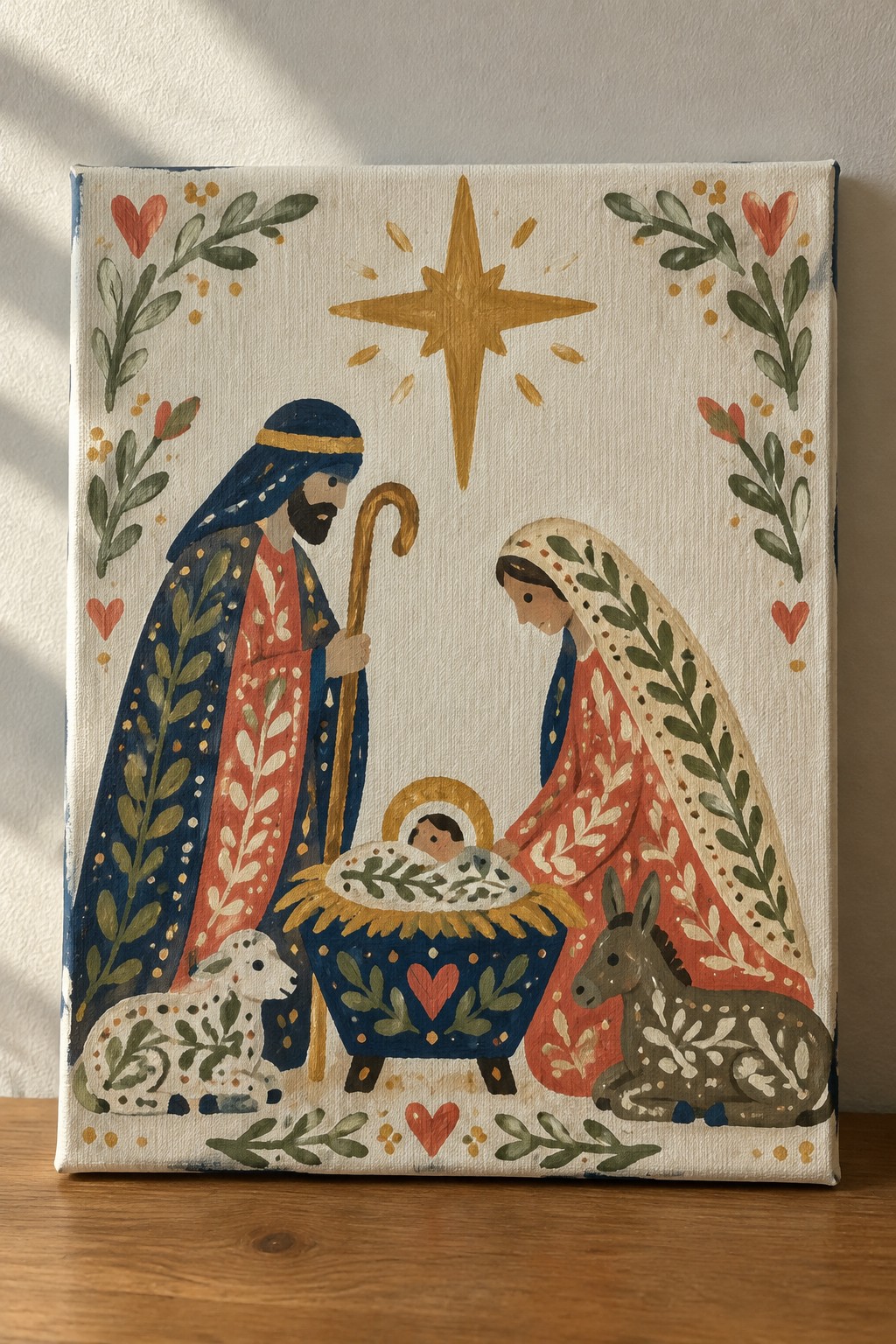 Folk art nativity with robed Joseph, veiled Mary, manger, golden star, sheep and donkey.