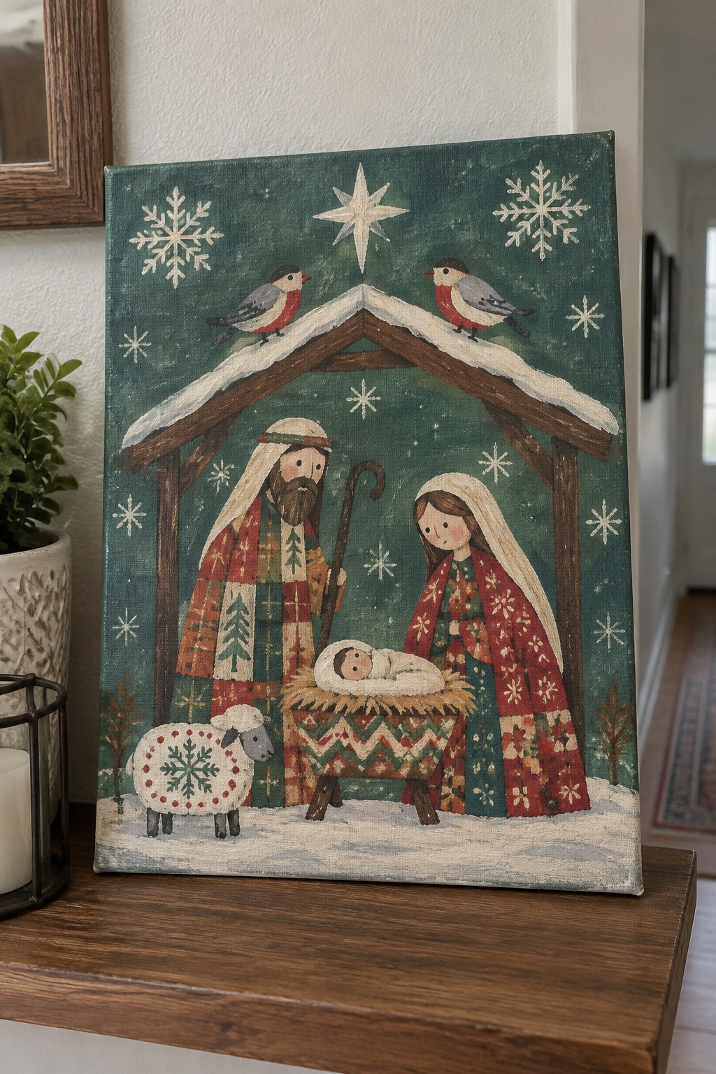 Folk art nativity painting with Joseph, Mary, baby in manger, sheep and birds.