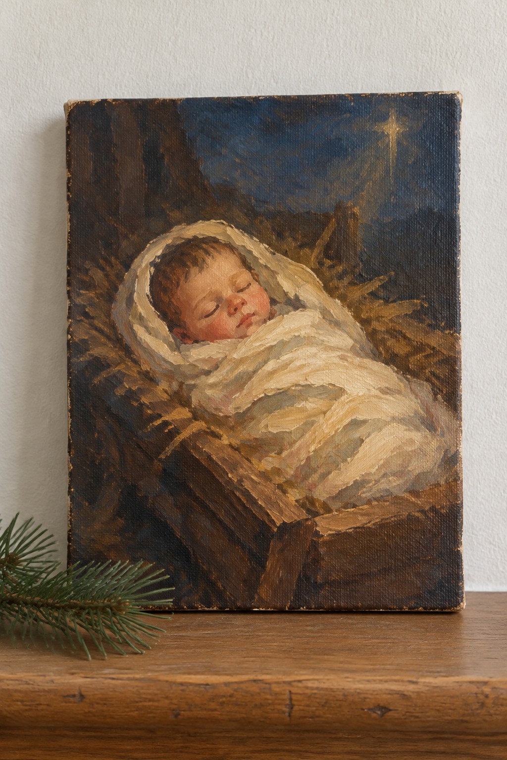 Oil painting of sleeping baby wrapped in white cloth in wooden manger under starry sky