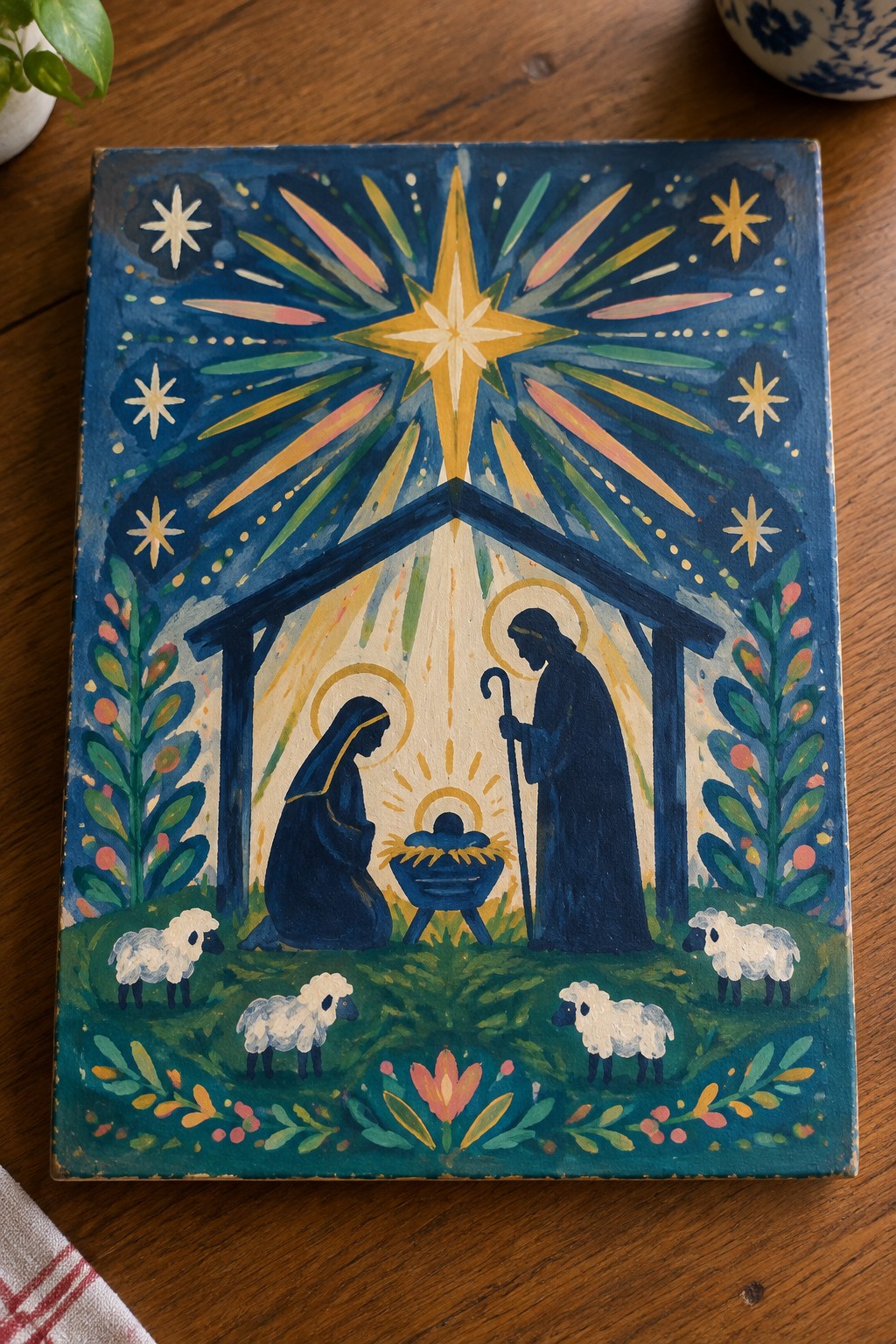 Folk art nativity with blue-robed Mary, haloed Joseph, manger, radiant star, and sheep